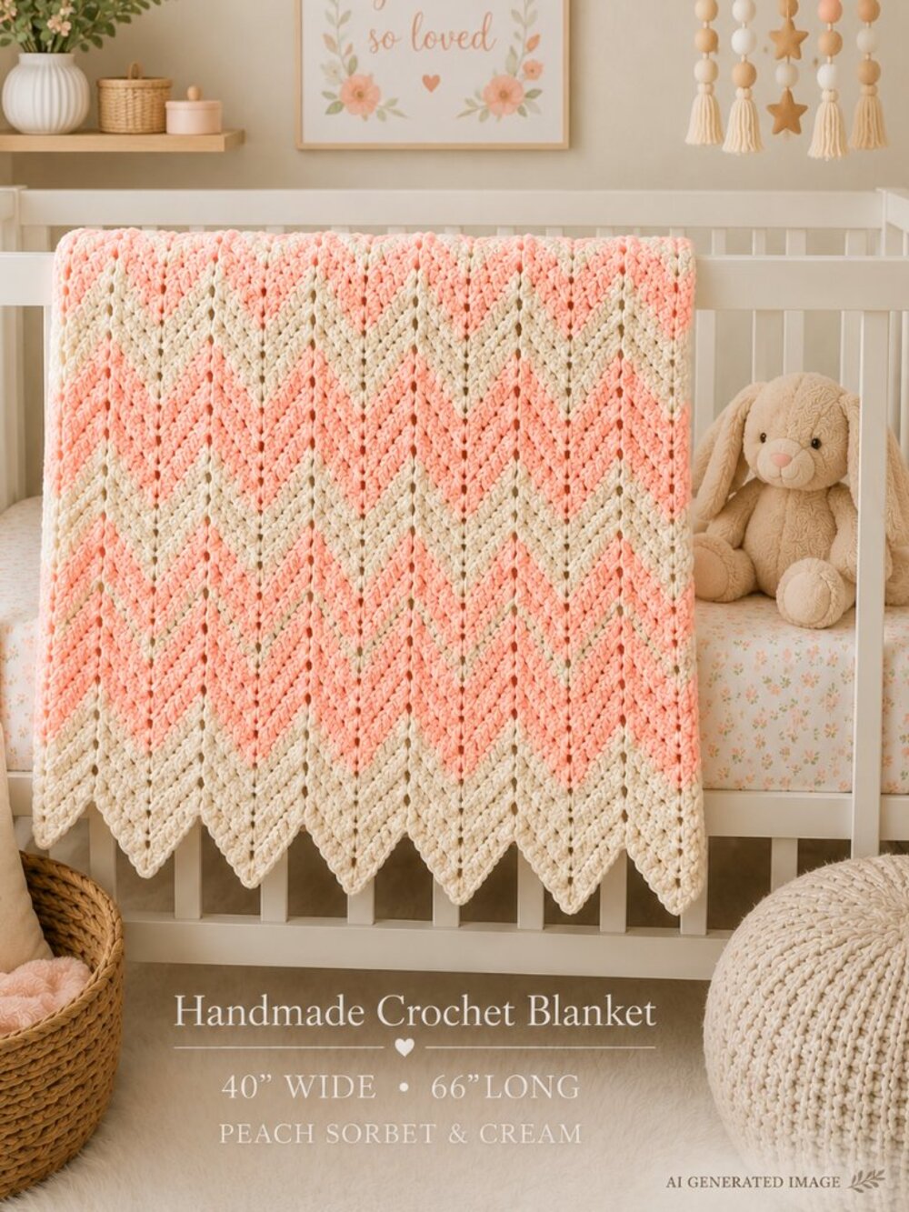 Vintage Handmade Crochet Chevron Afghan Blanket – Peach sorbet (Pink) & Cream 40